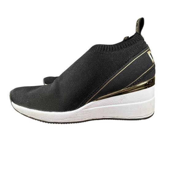 DKNY Women's Black Gold Knit Slip-On Wedge Platform Sneakers Size 7.5 - Picture 3 of 10